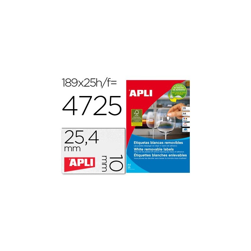 ETIQUETA ADHESIVAS APLI 10198 TAMAO 25,4X10 MM REMOVIBLE PARA FOTOCOPIADORA LASER INK-JET CAJA 25 HOJAS CON