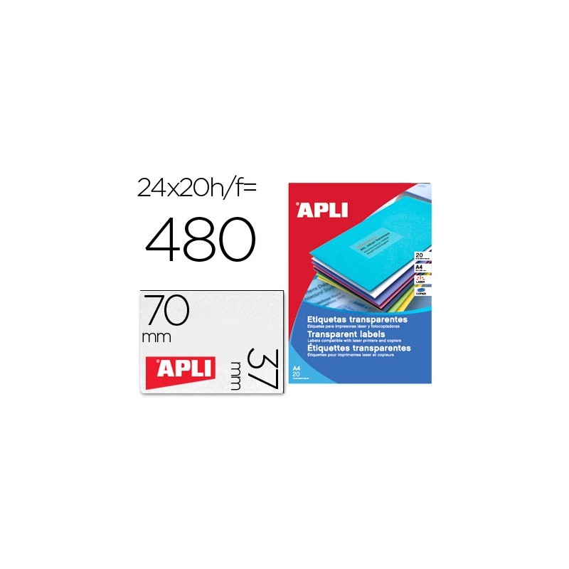 ETIQUETA ADHESIVA APLI 1224 TRANSPARENTES TAMAO 70X37 MM PARA FOTOCOPIADORA LASER CAJA 20 HOJAS CON 480 ETIQUETAS