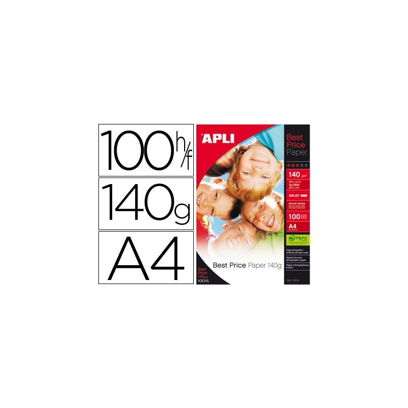 PAPEL FOTOGRAFICO APLI GLOSSY DIN A4 PACK DE 100 HOJAS 140 GR