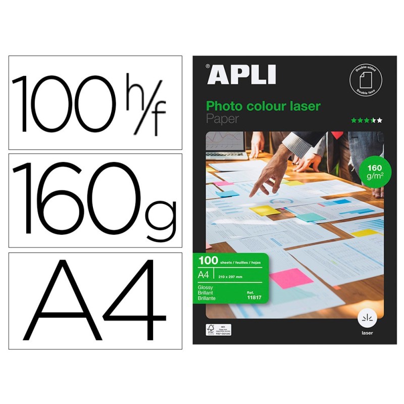 PAPEL FOTOGRAFICO APLI GLOSSY DOBLE CARA DIN A4 PACK DE 100 HOJAS 160 GR