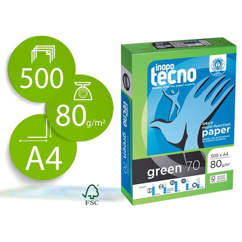 PAPEL FOTOCOPIADORA TECNO GREEN 100% RECICLADO DIN A4 80 GRAMOS PAQUETE DE 500 HOJAS