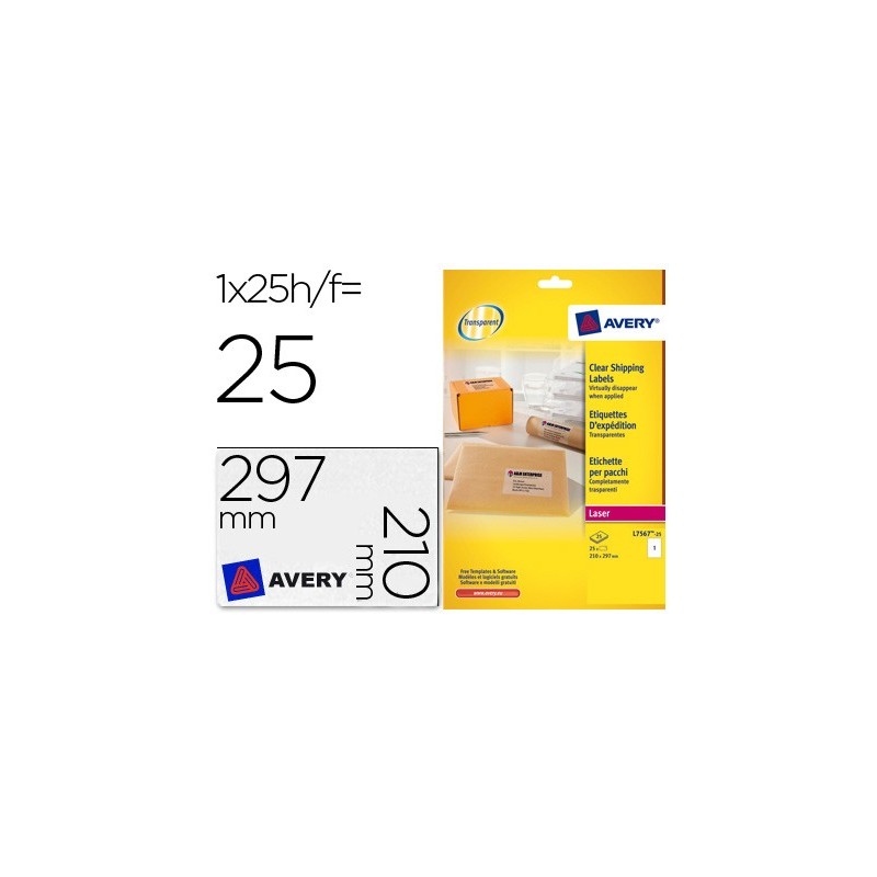 ETIQUETA ADHESIVAS AVERY DIN A4 IMPRIMIBLES TRANSPARENTE 210X297 MM CAJA DE 25 HOJAS CON 25 ETIQUETAS