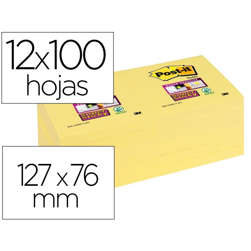 BLOC DE NOTAS ADHESIVAS QUITA Y PON POST-IT SUPER STICKY 76X127 MM CON 12 BLOC AMARILLO CANARIO