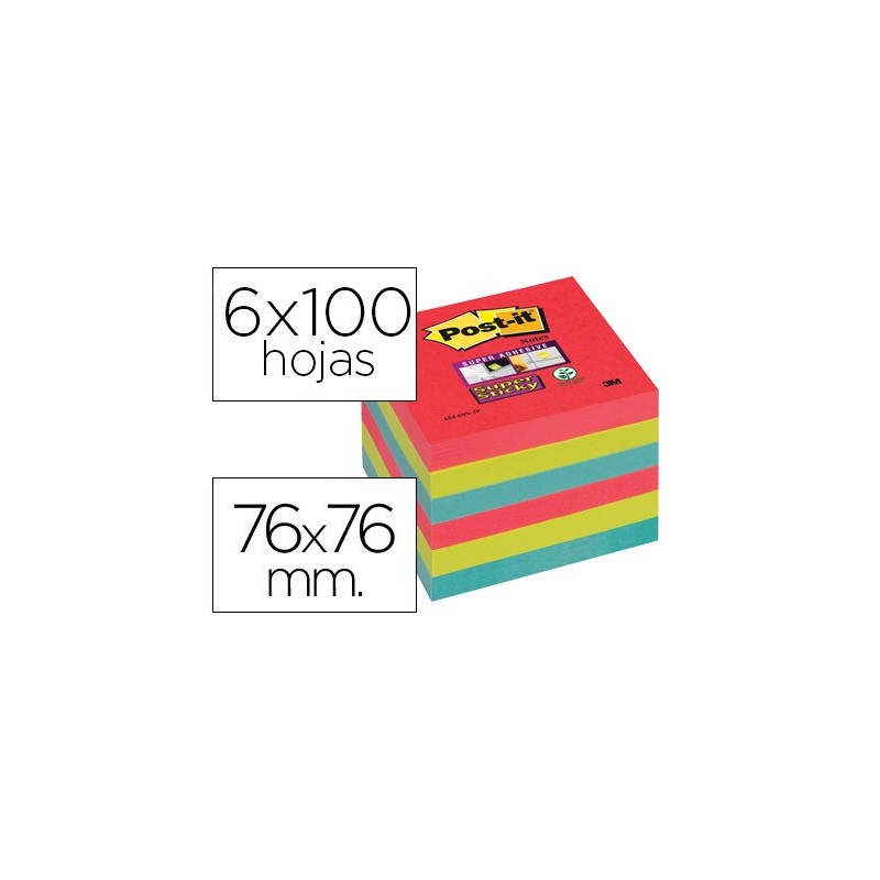 BLOC DE NOTAS ADHESIVAS QUITA Y PON POST-IT SUPER STICKY 76X76 MM CON 6 BLOC 2 ROJOS VERDE NEON AZUL
