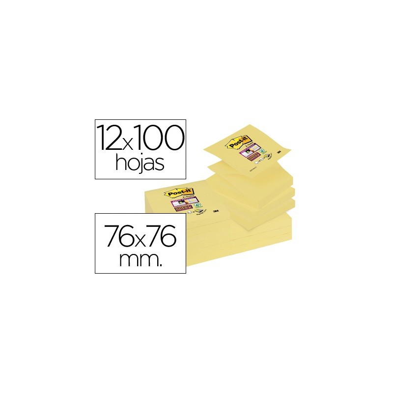 BLOC DE NOTAS ADHESIVAS QUITA Y PON POST-IT SUPER STICKY 76X76 MM ZIGZAG CON 12 BLOC AMARILLO CANARIO