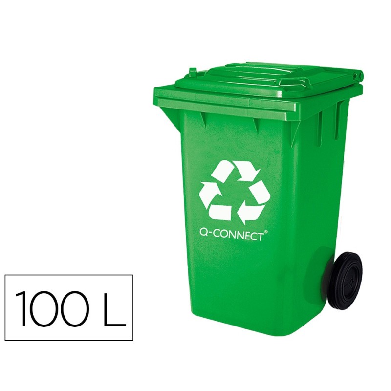 PAPELERA CONTENEDOR Q-CONNECT PLASTICO VERDE PARA ENVASES DE VIDRIO 100L CON TAPA Y RUEDAS 750X470X370 MM