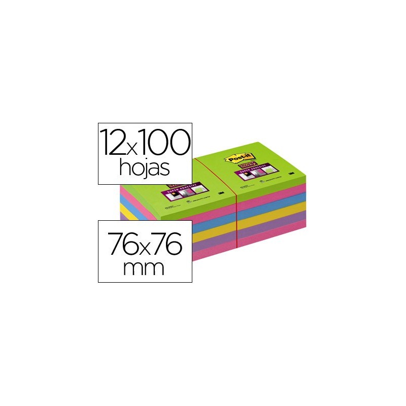 BLOC DE NOTAS ADHESIVAS QUITA Y PON POST-IT SUPER STICK ULTRA 76X76 MM PACK DE 12 BLOC VERDE ROSA AMARILLA