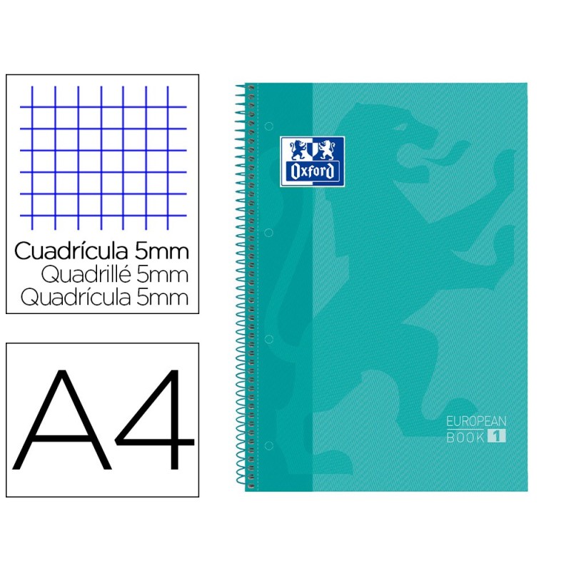 BLOC ESPIRAL OXFORD TAPA EXTRADURA MICROPERFORADO DIN A4 80 HOJAS CUADROS 5 MM COLOR MENTA HIELO