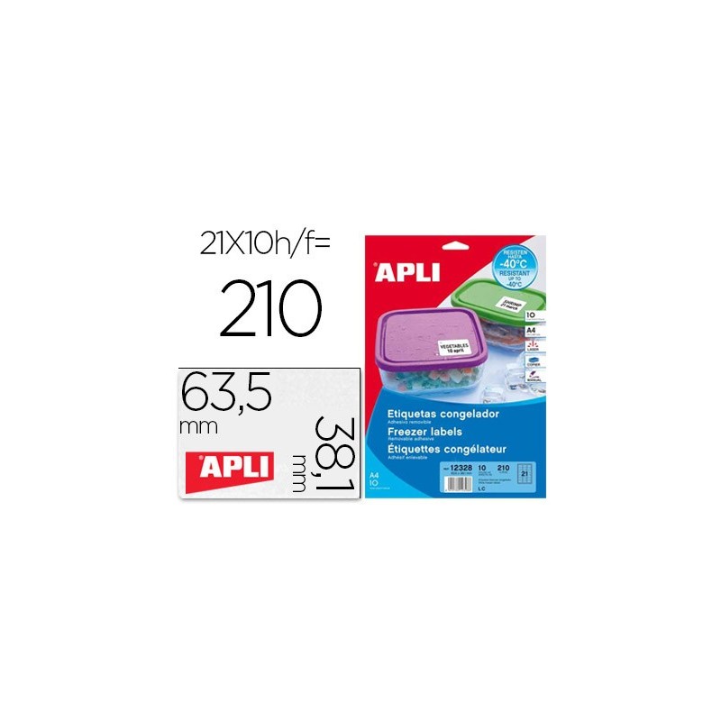 ETIQUETA ADHESIVA APLI 12328 TAMAO 63,5X38,1 MM PARA CONGELADOS CAJA CON 10 HOJAS A4 BLANCAS DIRECTIVA EUROPEA