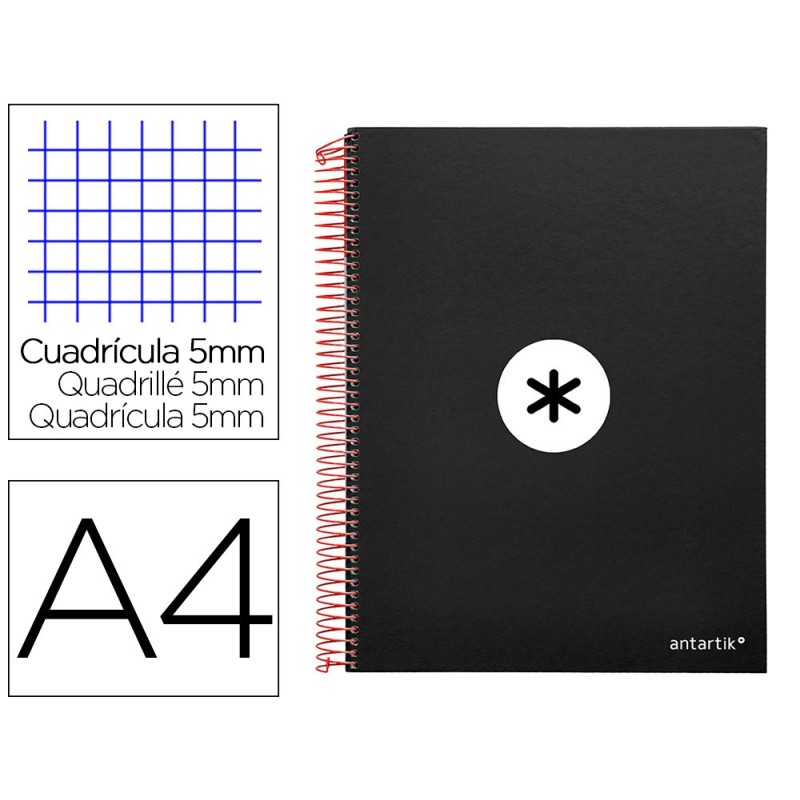 CUADERNO ESPIRAL LIDERPAPEL A4 MICRO ANTARTIK TAPA FORRADA120H 100 GR CUADRO 5MM 5 BANDAS 4 TALADROS COLOR NEGRO