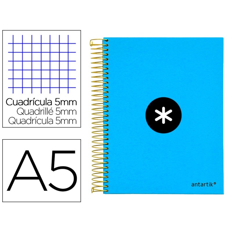 CUADERNO ESPIRAL LIDERPAPEL A5 MICRO ANTARTIK TAPA FORRADA120H 100 GR CUADRO 5MM 5 BANDAS 6 TALADROS COLOR AZUL