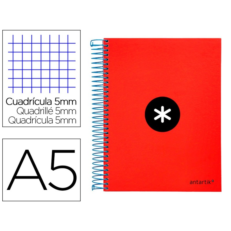 CUADERNO ESPIRAL LIDERPAPEL A5 MICRO ANTARTIK TAPA FORRADA120H 100 GR CUADRO 5MM 5 BANDAS 6 TALADROS COLOR ROJO