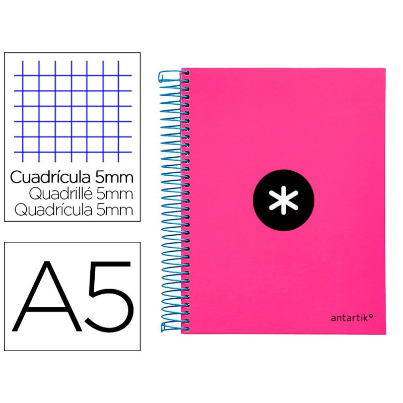 CUADERNO ESPIRAL LIDERPAPEL A5 MICRO ANTARTIK TAPA FORRADA120H 100 GR CUADRO 5MM 5 BANDAS 6 TALADROS COLOR ROSA