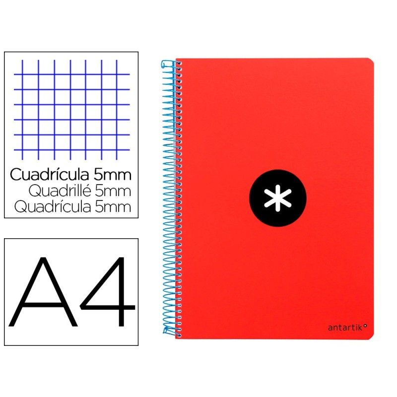 CUADERNO ESPIRAL LIDERPAPEL A4 MICRO ANTARTIK TAPA DURA 80H 100 GR CUADRO 5MM SIN BANDAS 4 TALADROS COLOR ROJO