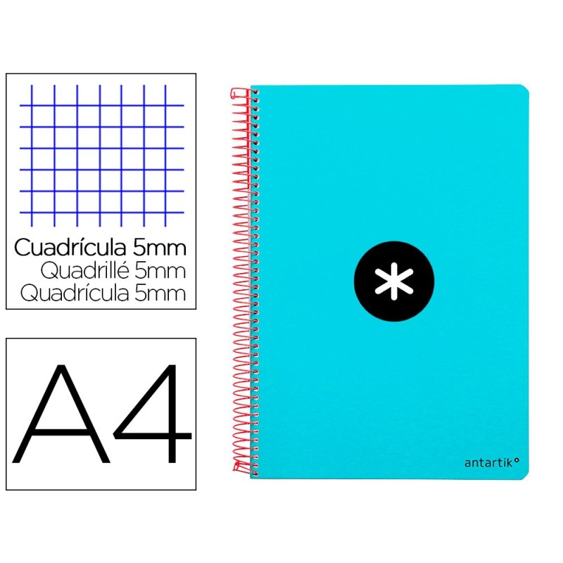 CUADERNO ESPIRAL LIDERPAPEL A4 MICRO ANTARTIK TAPA DURA 80H 100 GR CUADRO 5MM SIN BANDAS 4 TALADROS COLOR TURQUESA