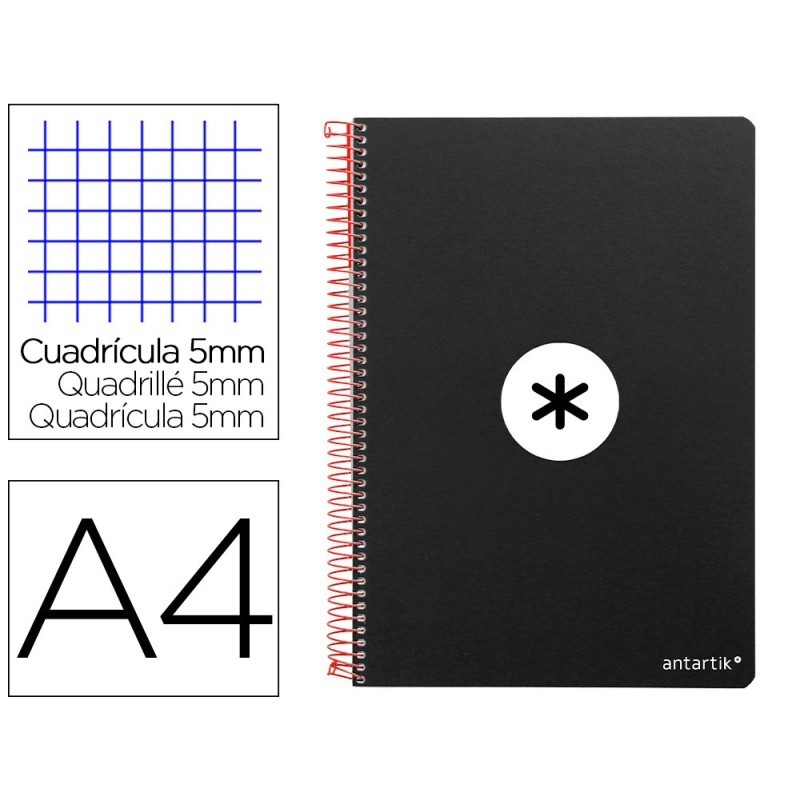 CUADERNO ESPIRAL LIDERPAPEL A4 MICRO ANTARTIK TAPA DURA 80H 100 GR CUADRO 5MM SIN BANDAS 4 TALADROS COLOR NEGRO