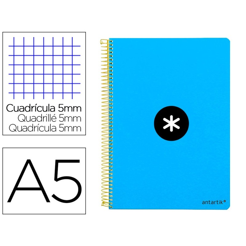 CUADERNO ESPIRAL LIDERPAPEL A5 ANTARTIK TAPA DURA 80H 100 GR CUADRO 5MM CON MARGEN COLOR AZUL
