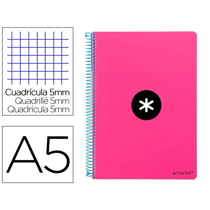 CUADERNO ESPIRAL LIDERPAPEL A5 ANTARTIK TAPA DURA 80H 100 G CUADRO 5MM CON MARGEN COLOR ROSA FLUOR