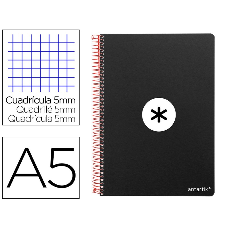 CUADERNO ESPIRAL LIDERPAPEL A5 ANTARTIK TAPA DURA 80H 100 GR CUADRO 5MM CON MARGEN COLOR NEGRO