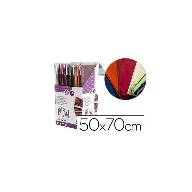 PAPEL CELOFAN LIDERPAPEL 50X70 EXPOSITOR 56 BOLSAS DE 5 HOJAS 8 COLORES SURTIDOS