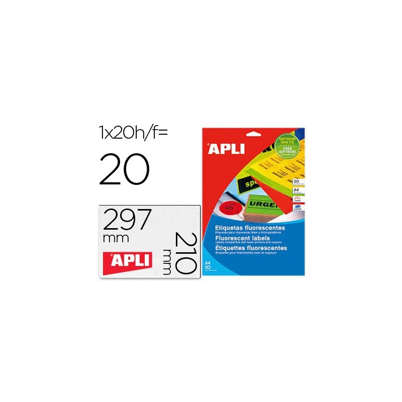 ETIQUETA ADHESIVA APLI 02879 210X297 MM PARA FOTOCOPIADORA LASER CAJA CON 20 HOJAS DIN A4 NARANJA