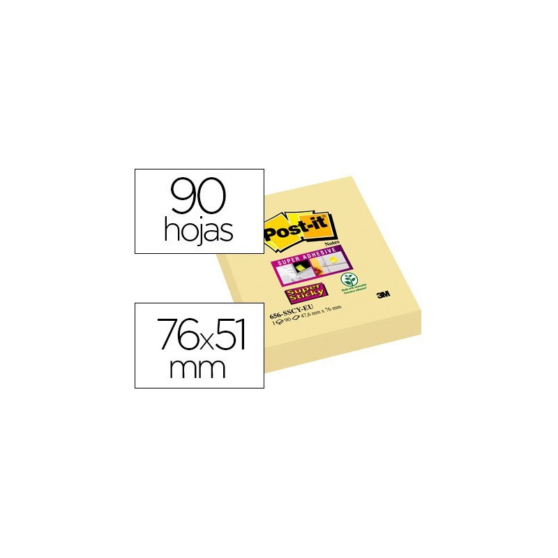 BLOC DE NOTAS ADHESIVAS QUITA Y PON POST-IT SUPER STICKY 51X78 MM CON 90 HOJAS 565 AMARILLO CANARIO