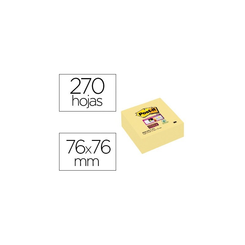 BLOC DE NOTAS ADHESIVAS QUITA Y PON POST-IT SUPER STICKY 76X76 MM CUBO CON 270 HOJAS AMARILLO CANARIO