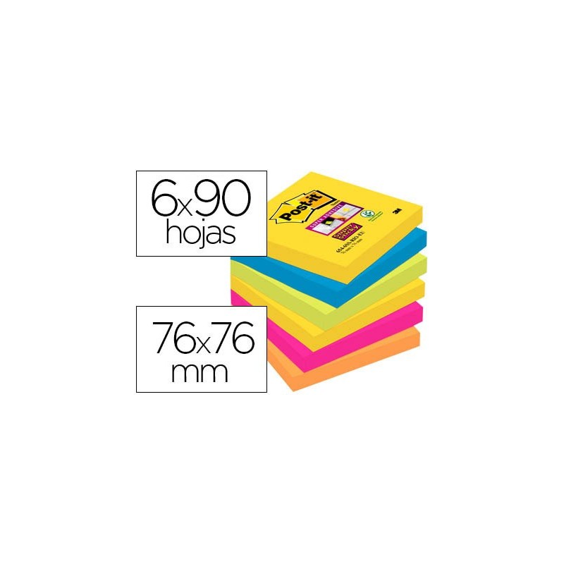 BLOC DE NOTAS ADHESIVAS QUITA Y PON POST-IT SUPER STICKY 76X76 MM CON 90 HOJAS PACK DE 6 BLOC COLORES SURTIDOS
