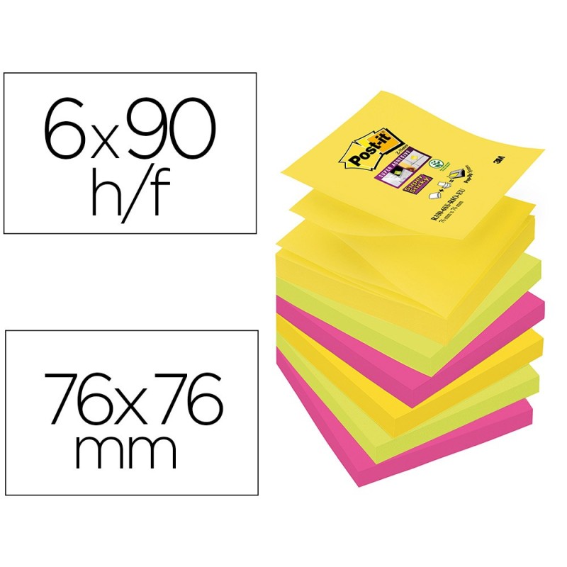 BLOC DE NOTAS ADHESIVAS QUITA Y PON POST-IT SUPER STICKY 76X76 MM CON 90 HOJAS PACK DE 6 BLOC COLORES SURTIDOS