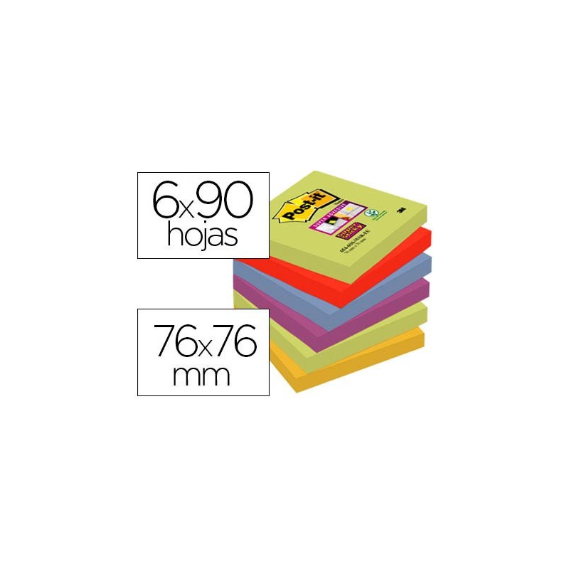 BLOC DE NOTAS ADHESIVAS QUITA Y PON POST-IT SUPER STICKY 76X76 MM CON 90 HOJAS PACK DE 6 BLOC COLORES SURTIDOS