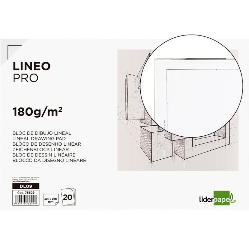 BLOC DIBUJO LIDERPAPEL LINEAL ENCOLADO 230X325MM 20 HOJAS 180 G/M2 CON RECUADRO