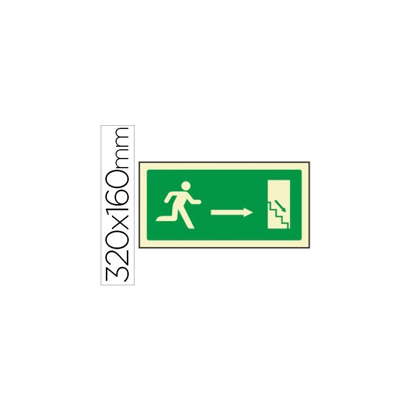 PICTOGRAMA SYSSA SEAL DE SALIDA EMERGENCIA DERECHA ESCALERA BAJANDO EN PVC FOTOLUMINISCENTE 320X160 MM