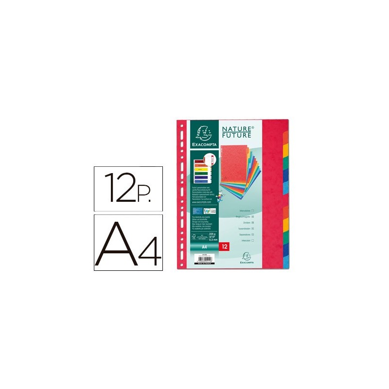 SEPARADOR EXACOMPTA CARTULINA SIMIL PRESPAN JUEGO DE 12 SEPARADORES DIN A4 MULTITALADRO COLORES VIVOS