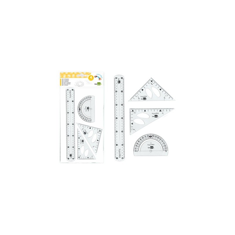 JUEGO ESCUADRA 10 CM CARTABON 14 CM REGLA 30 CM Y SEMICIRC. PLASTICO FLEXIBLE EN PETACA LIDERPAPEL TRANSPARENTE