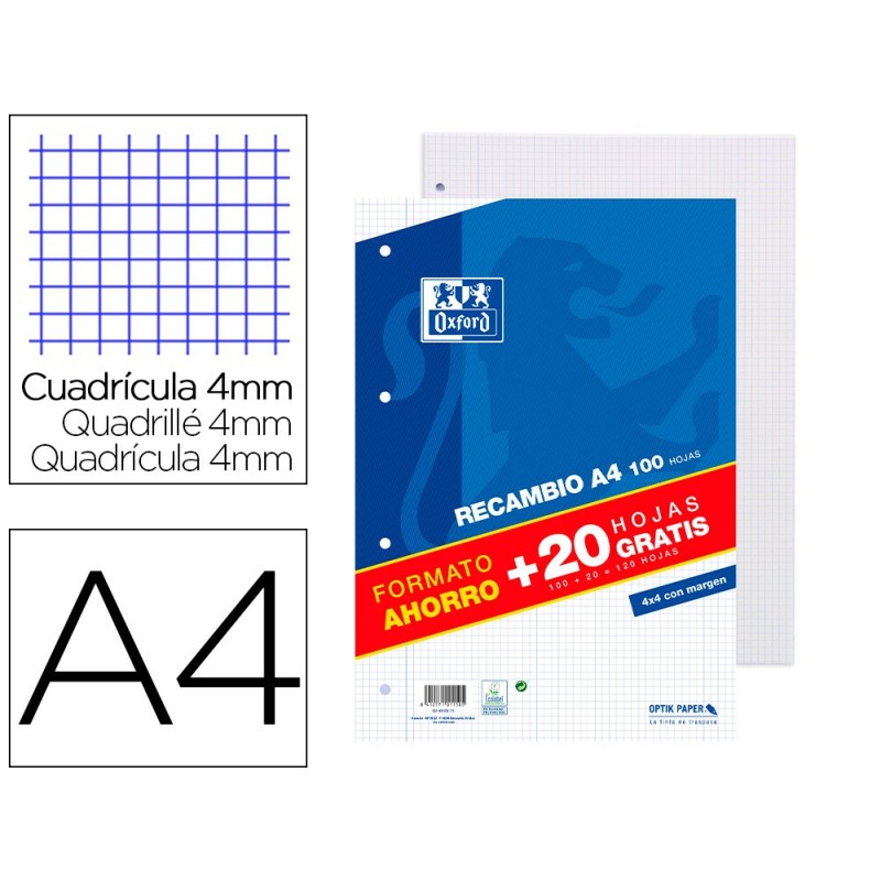 RECAMBIO OXFORD A4 100 + 20 HOJAS GRATIS 90 GR CUADRO 4MM 4 TALADROS