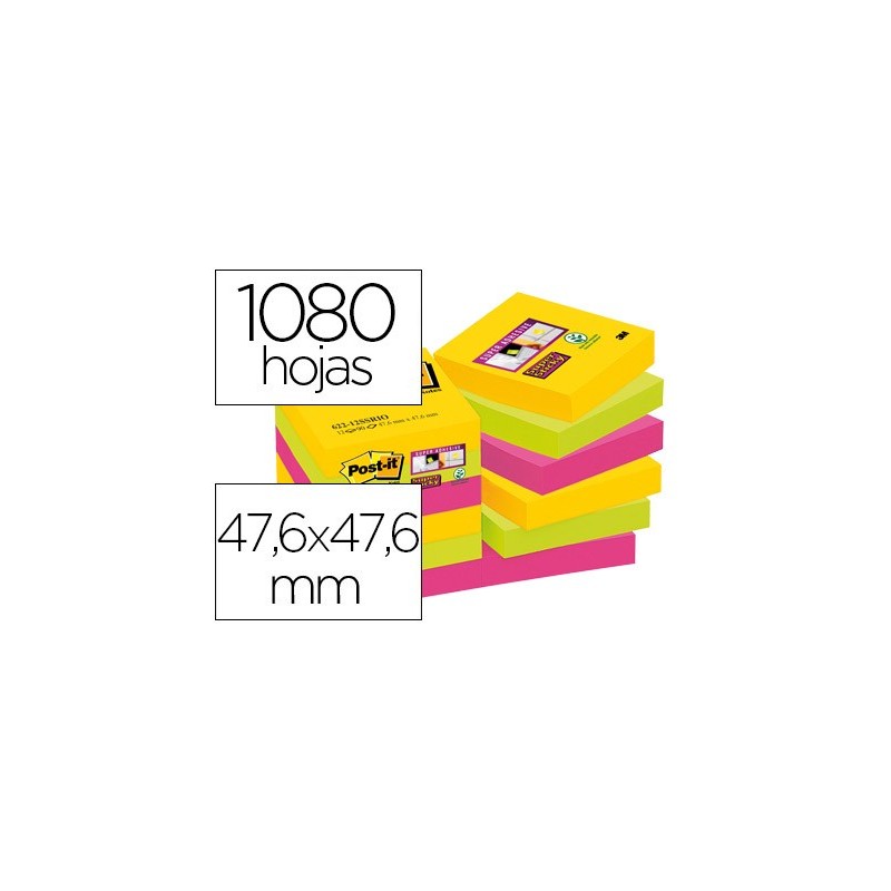BLOC DE NOTAS ADHESIVAS QUITA Y PON POST-IT SUPER STICKY 47,6X47,6 MM CON 90 HOJAS PACK DE 12 BLOC COLORES
