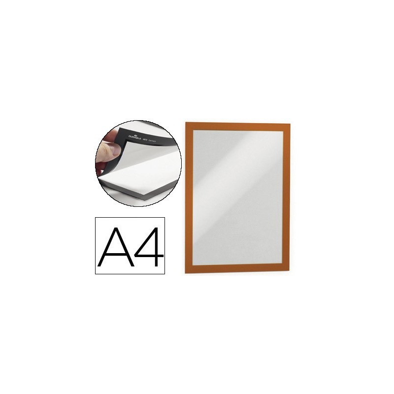 MARCO PORTA ANUNCIOS DURABLE MAGNETICO DIN A4 DORSO ADHESIVO REMOVIBLE COLOR NARANJA PACK DE 2 UNIDADES