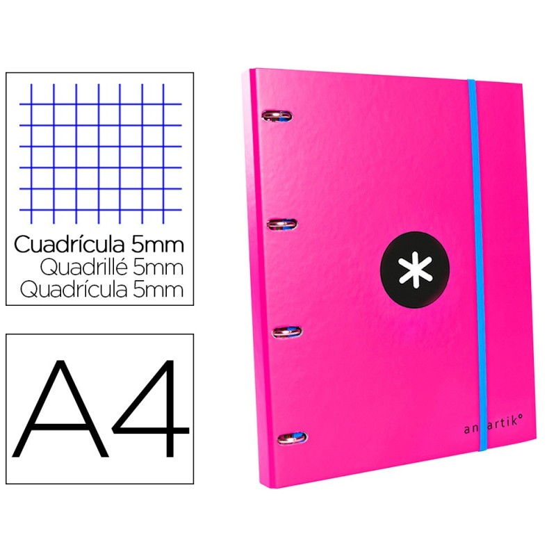 CARPETA CON RECAMBIO LIDERPAPEL ANTARTIK A4 CUADRO 5 MM FORRADA 4 ANILLAS 25MM COLOR ROSA