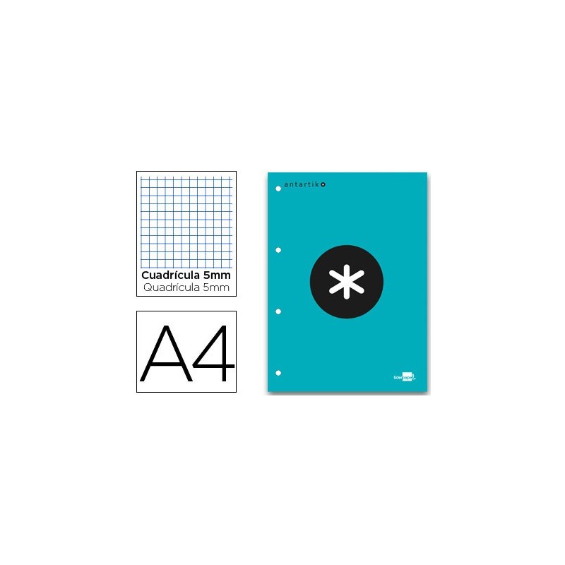 BLOC ENCOLADO LIDERPAPEL ANTARTIK CUADRO 5 MM A4 NATURAL 80 H 100 GR COLOR TURQUESA