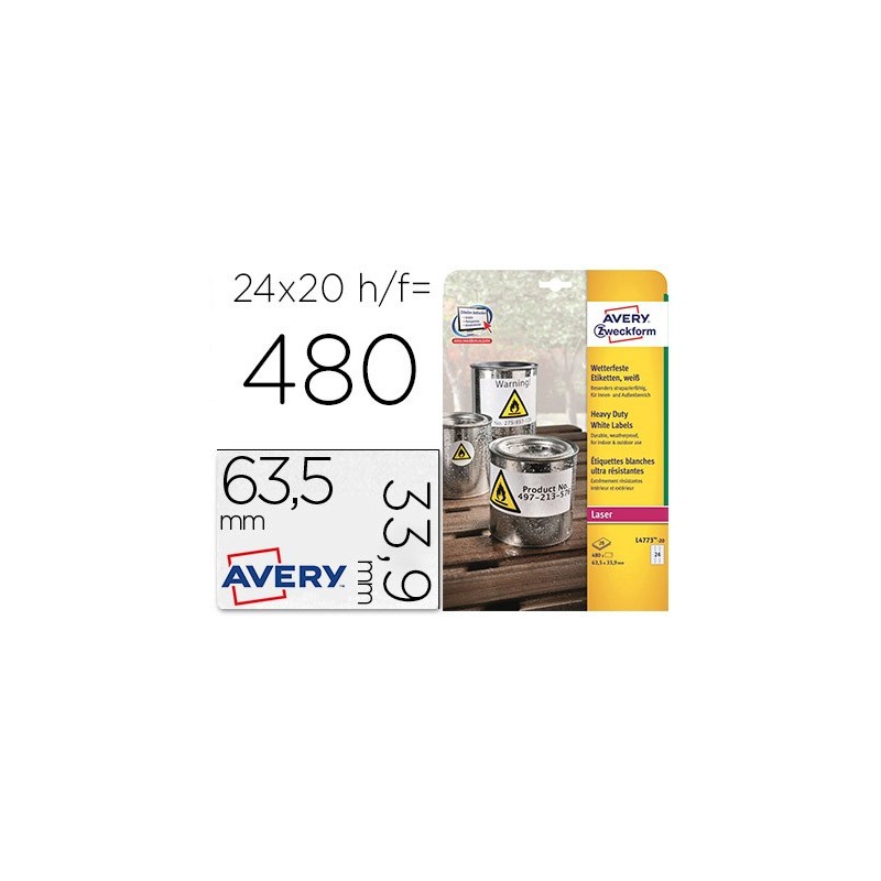 ETIQUETA ADHESIVA AVERY POLIESTER BLANCO 63,5X33,9 MM PARA IMPRESORA LASER PACK DE 480 UNIDADES
