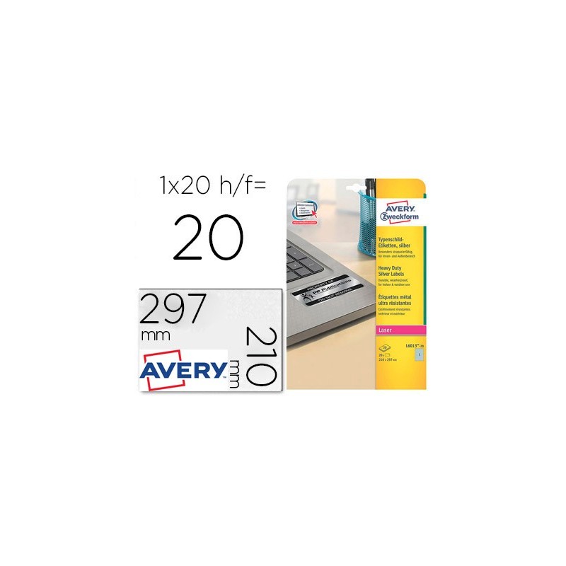 ETIQUETA ADHESIVA AVERY POLIESTER PLATA 210X297 MM PARA IMPRESORA LASER PACK DE 20 UNIDADES
