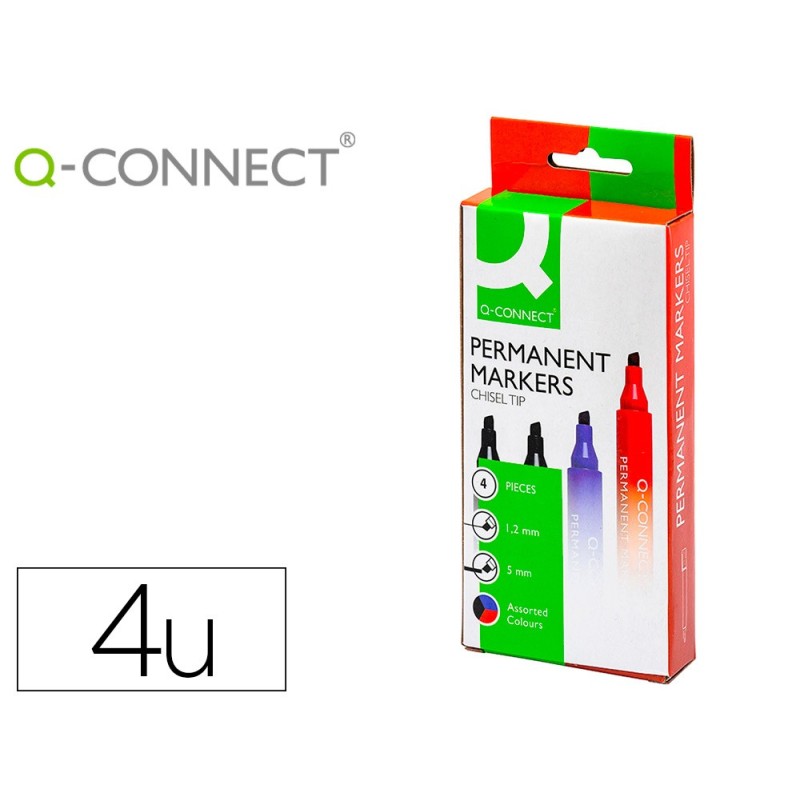 ROTULADOR Q-CONNECT MARCADOR PERMANENTE ESTUCHE DE 4 COLORES SURTIDOS PUNTA BISELADA 5.0 MM
