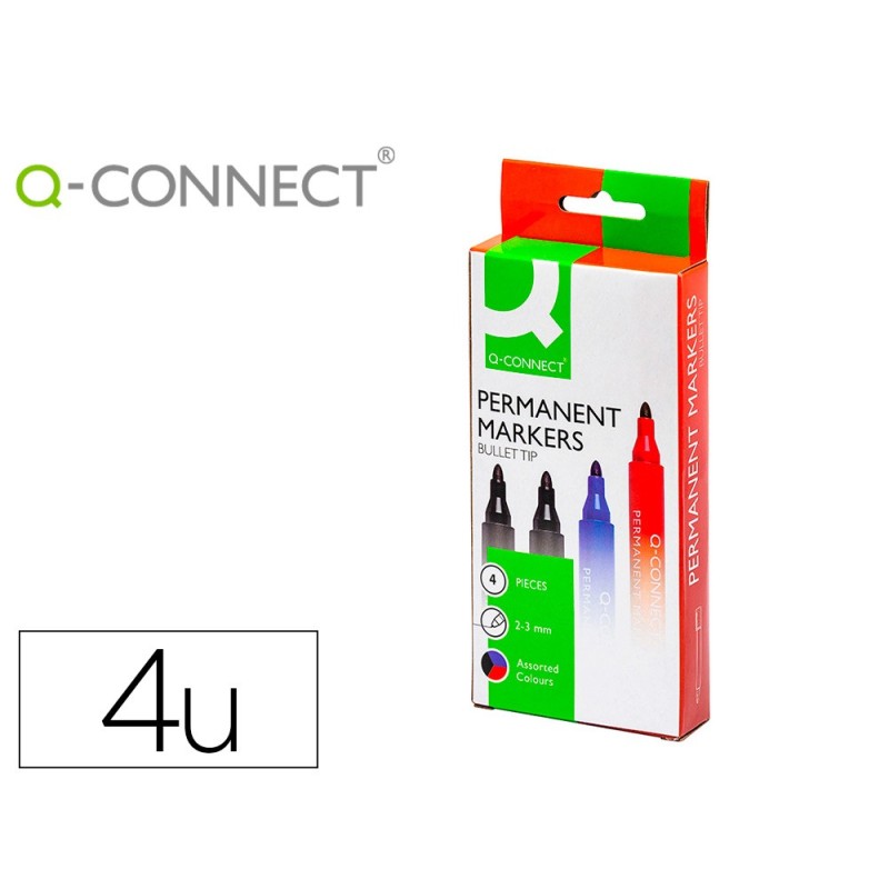 ROTULADOR Q-CONNECT MARCADOR PERMANENTE ESTUCHE DE 4 COLORES SURTIDOS PUNTA REDONDA 3.0 MM