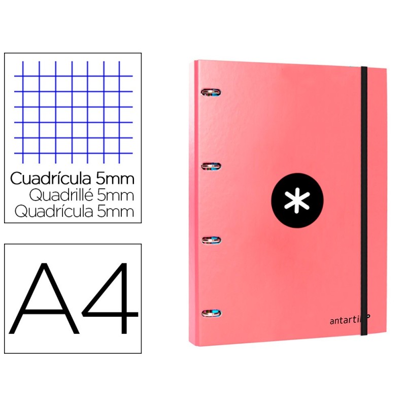 CARPETA CON RECAMBIO LIDERPAPEL ANTARTIK A4 CUADRO 5MM FORRADA 4 ANILLAS 25MM COLOR CORAL