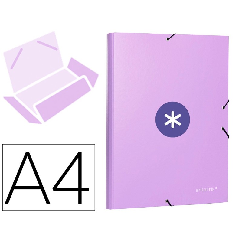 CARPETA LIDERPAPEL ANTARTIK GOMAS A4 3 SOLAPAS CARTON FORRADO COLOR LAVANDA
