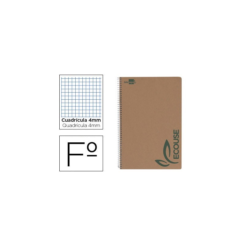 CUADERNO ESPIRAL LIDERPAPEL FOLIO ECOUSE TAPA CARTULINA KRAFT 80H PAPEL RECICLADO 80 GR CUADRO 4MM CON MARGEN