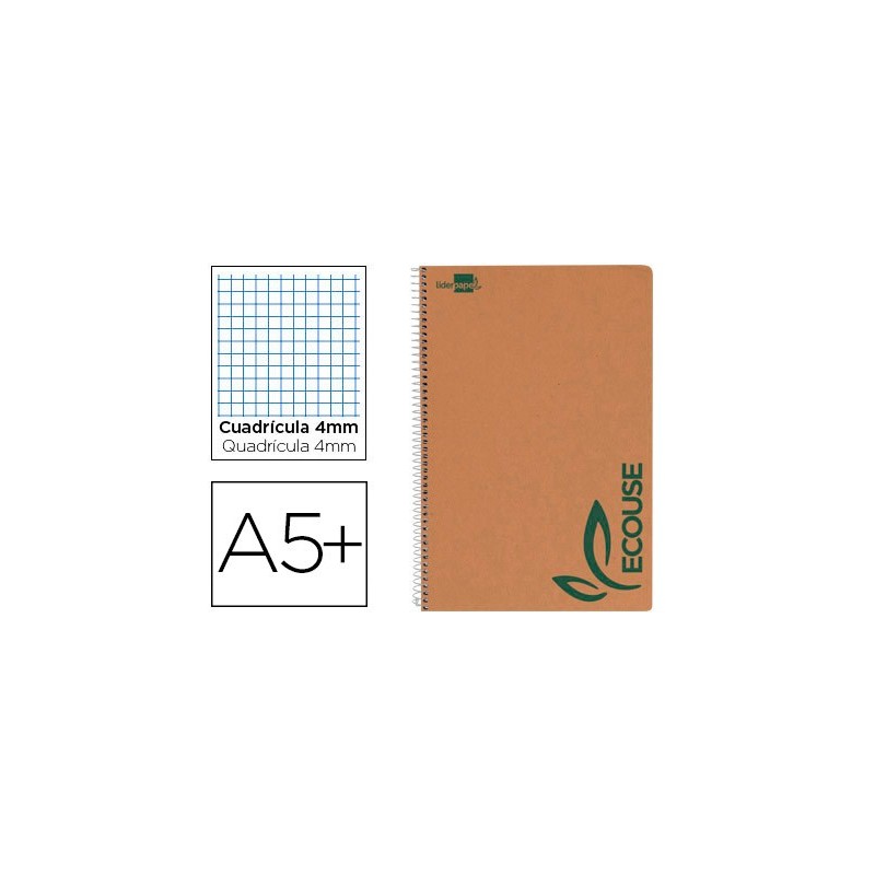 CUADERNO ESPIRAL LIDERPAPEL CUARTO ECOUSE TAPA CARTULINA KRAFT 80H PAPEL RECICLADO 80 GRCUADRO 4MM
