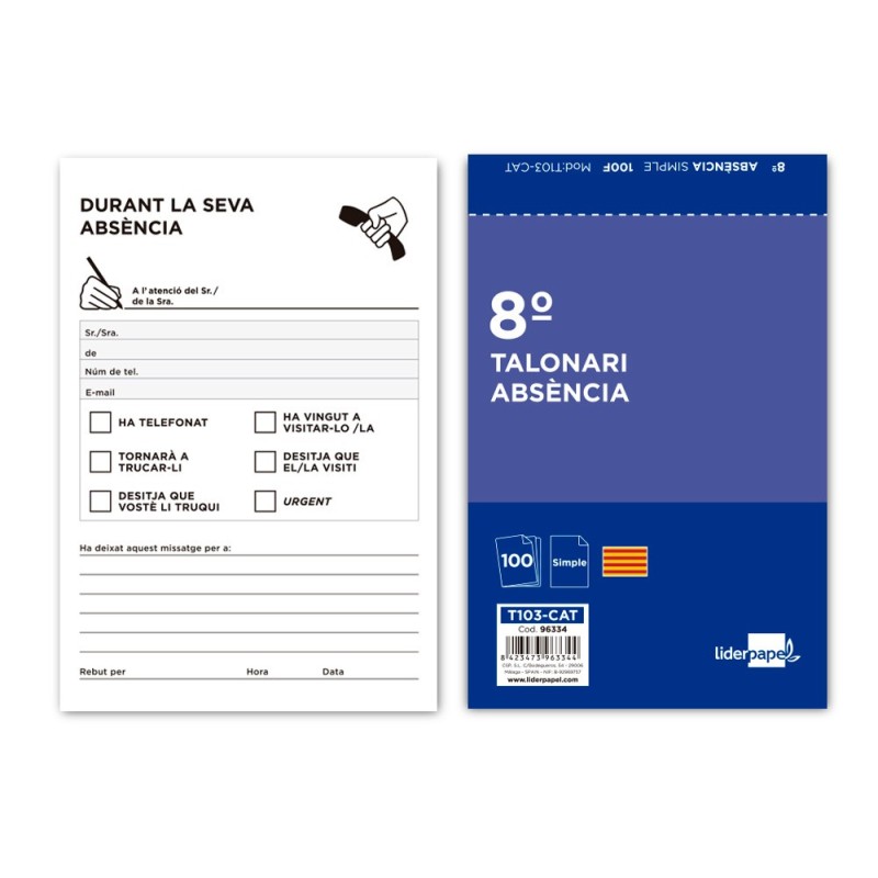TALONARIO LIDERPAPEL AUSENTES 8¼ ORIGINAL T103 TEXTO EN CATALAN