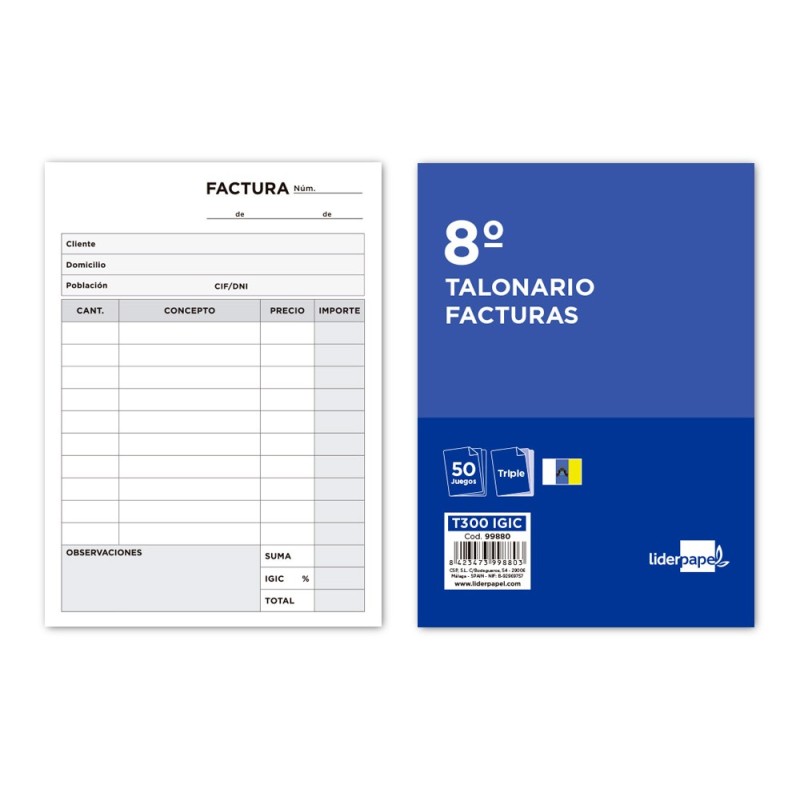 TALONARIO LIDERPAPEL FACTURAS 8¼ ORIGINAL Y 2 COPIAS T300 CON I.G.I.C.