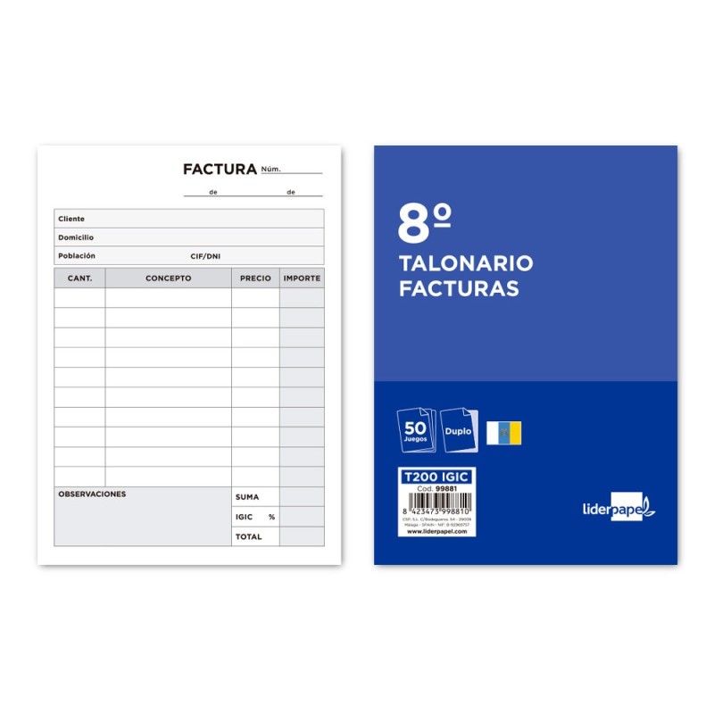 TALONARIO LIDERPAPEL FACTURAS 8¼ ORIGINAL Y COPIA T200 CON I.G.I.C